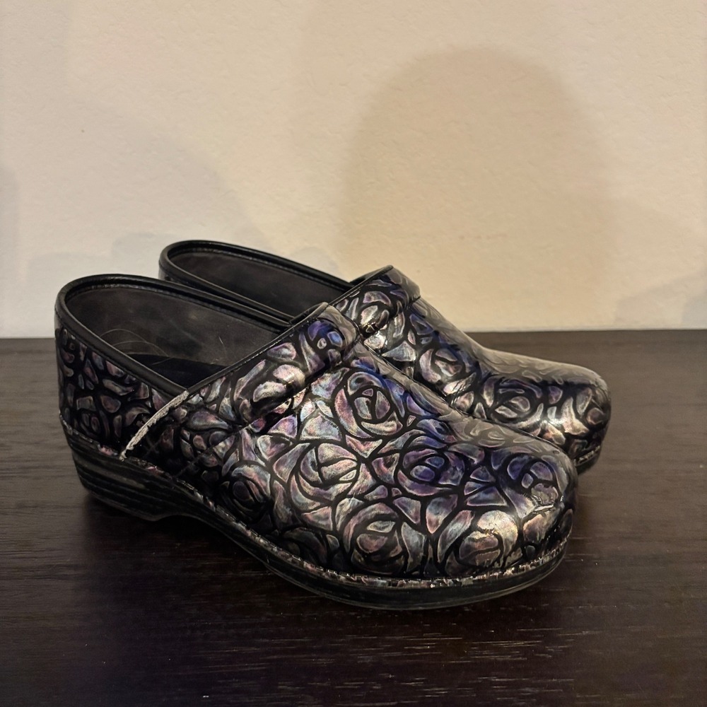 Dansko Clogs Professional 40 Patent Iridescent Rose Floral Black Goth Workwear